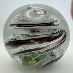 Hand Blown‎ Art Glass Paperweight Clear Swirl Ribbon Bubble Studio Glass